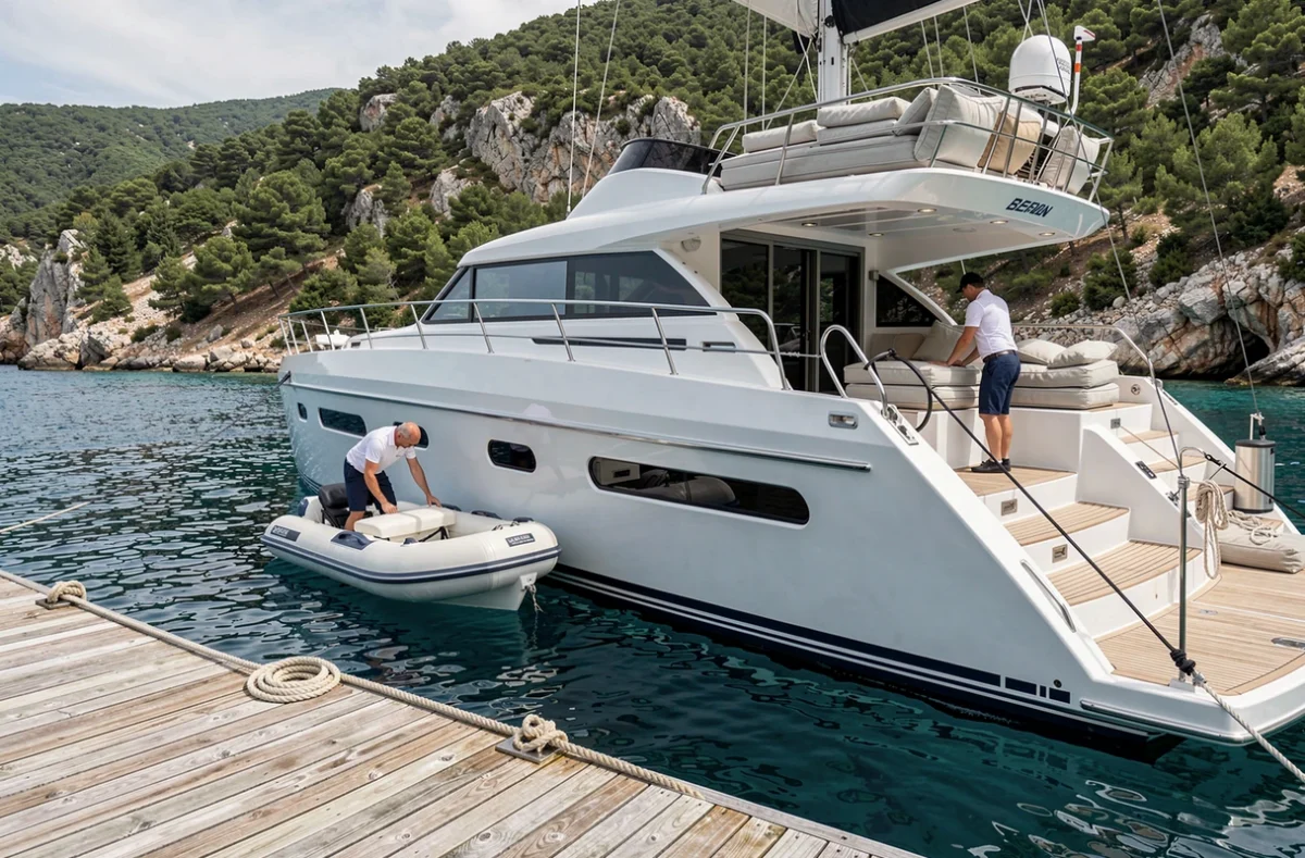 Équipage préparant un catamaran de luxe ancré dans une baie privée pour une croisière