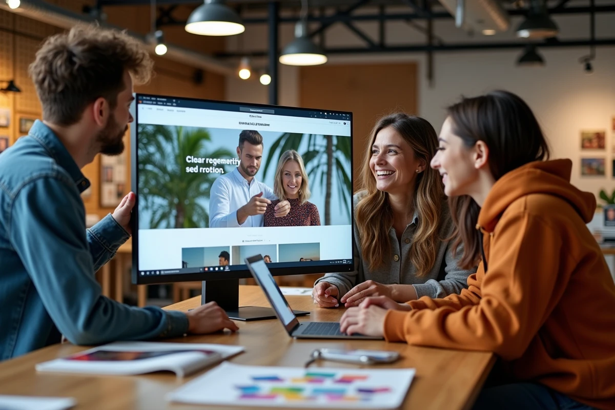 Équipe de créatifs discutant autour d'un écran affichant un magazine digital dans un studio de design collaboratif