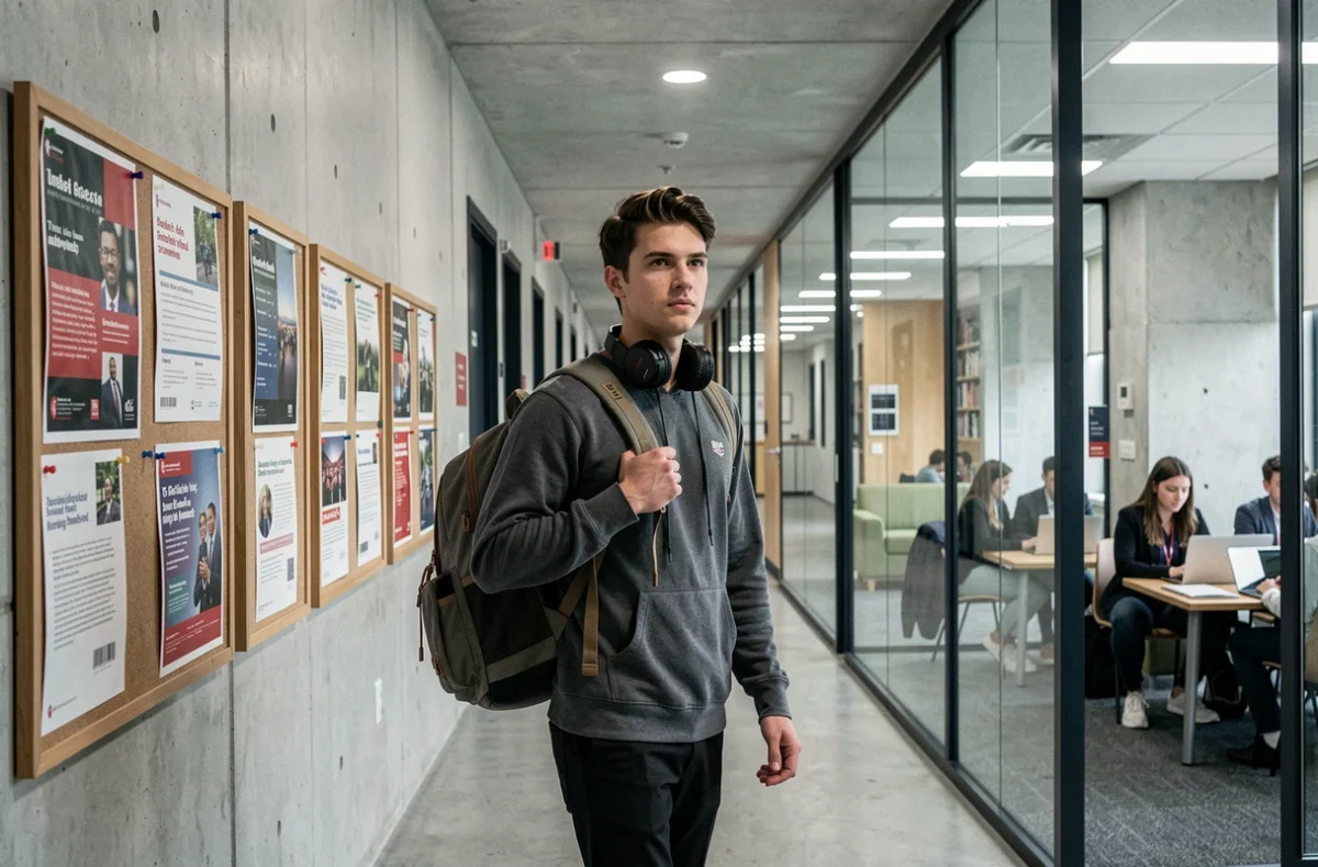 Étudiant international marchant dans le couloir moderne d'une résidence universitaire en Angleterre