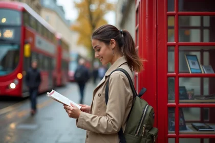 Étudiante consultant son programme de séjour linguistique devant une cabine téléphonique rouge à Londres