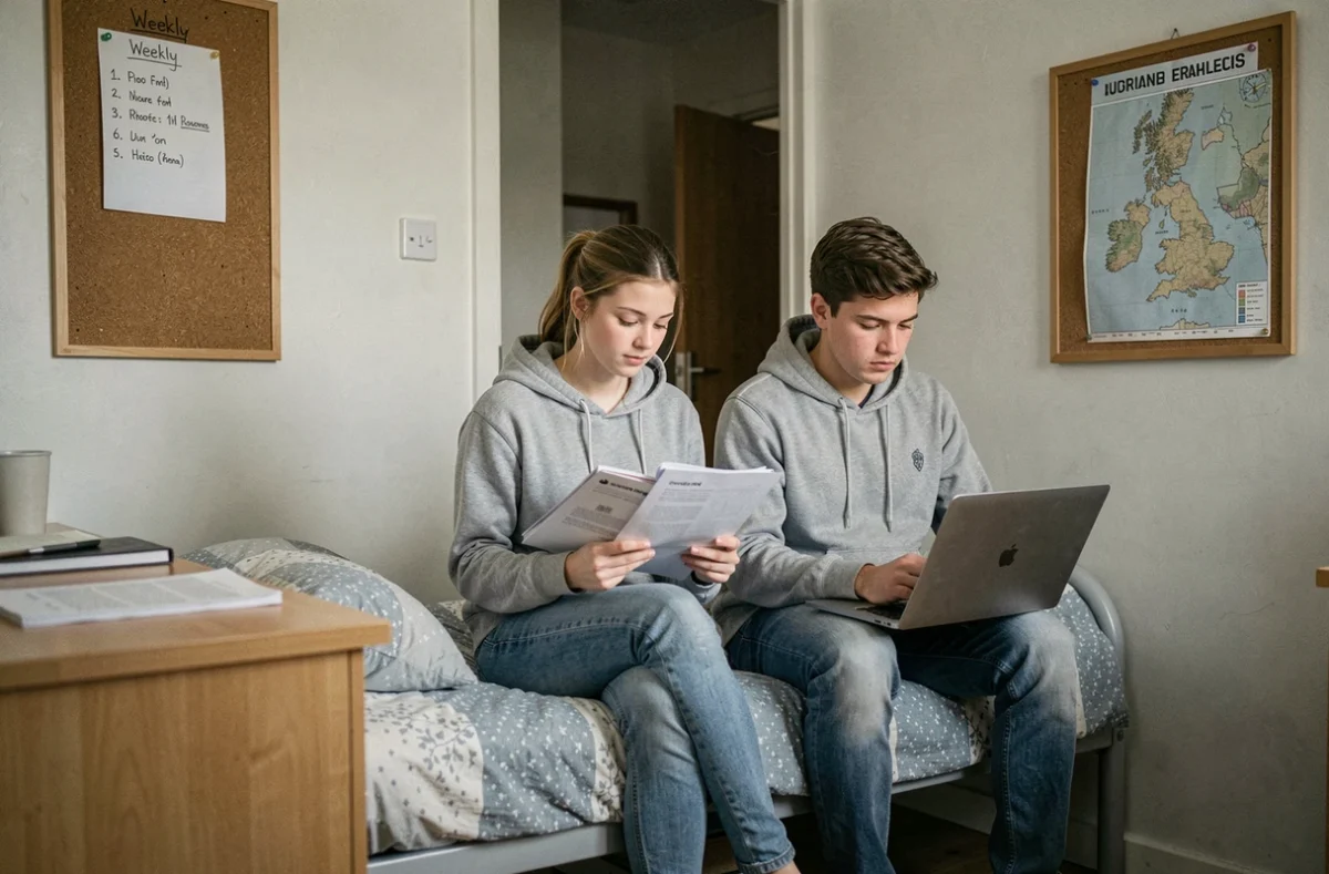 Deux étudiants comparant leurs options de logement étudiant dans une chambre de résidence universitaire en Angleterre