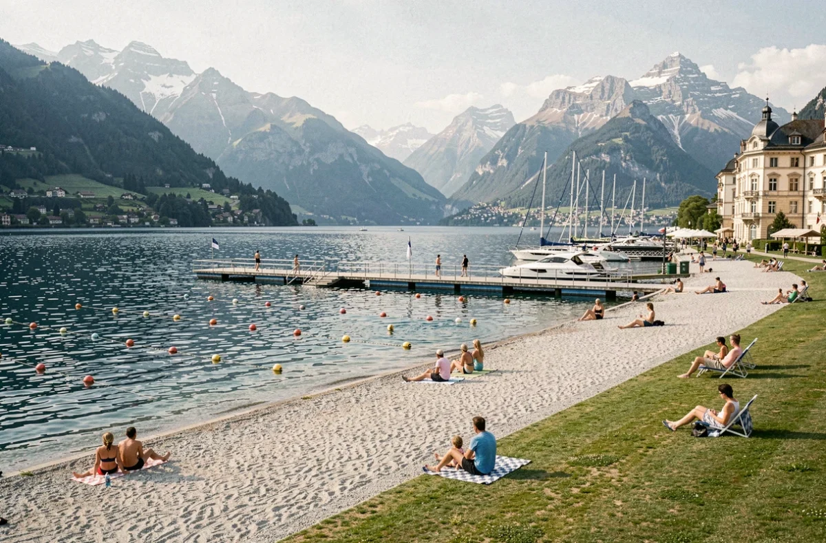 Centre Nautique d'Évian avec plage lacustre, lac Léman et Alpes suisses en arrière-plan en Haute-Savoie