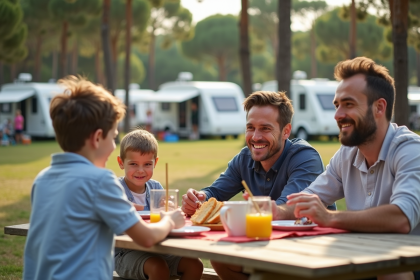 Famille de quatre partageant le petit déjeuner au camping