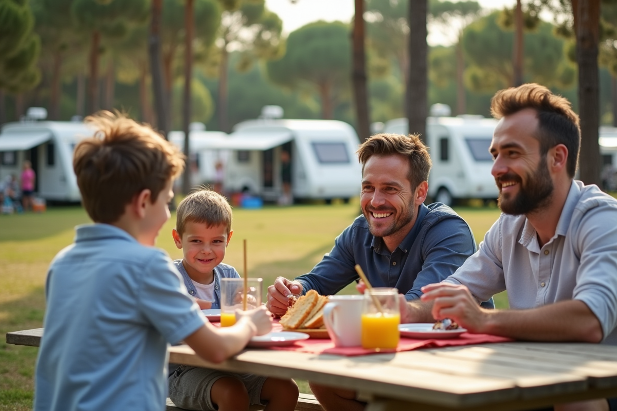 Famille de quatre partageant le petit déjeuner au camping