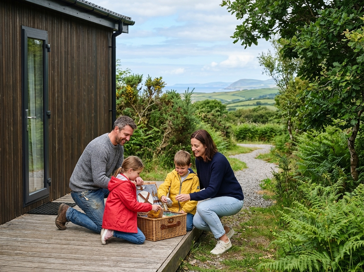 Famille souriante déballant un pique-nique devant un mobile home en Bretagne
