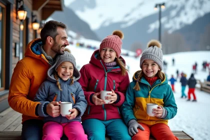 Famille de quatre en ski dans un décor enneigé