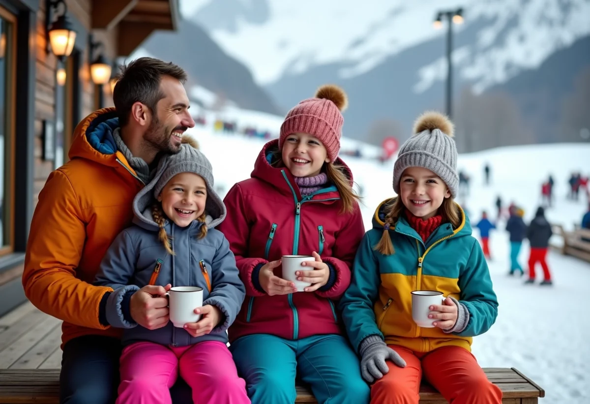 Famille de quatre en ski dans un décor enneigé