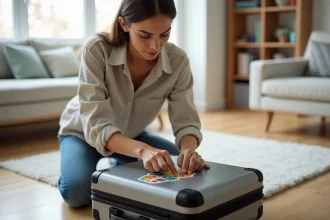 Jeune femme appliquant un autocollant vinyle coloré sur une valise rigide dans un appartement moderne
