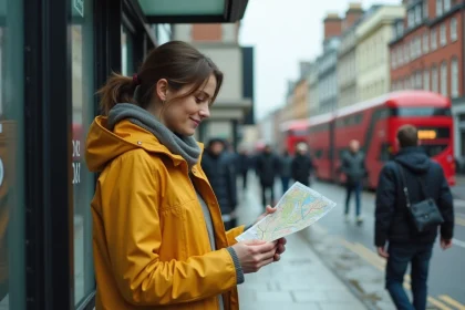 Femme consultant un plan de bus à un arrêt de Dublin Bus sur O'Connell Street, avec des bus rouges à impériale en arrière-plan