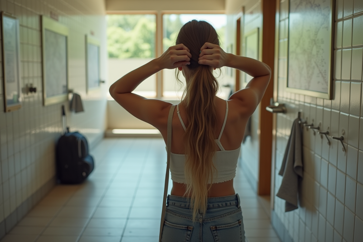 Jeune femme se prepare pour entrer dans la douche