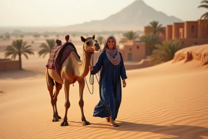 Femme berbere souriante avec dromedaire dans le desert