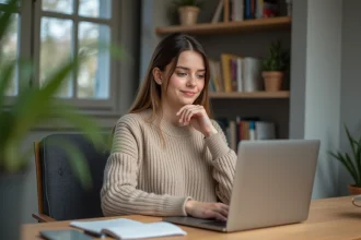 Jeune femme au bureau regardant son ordinateur