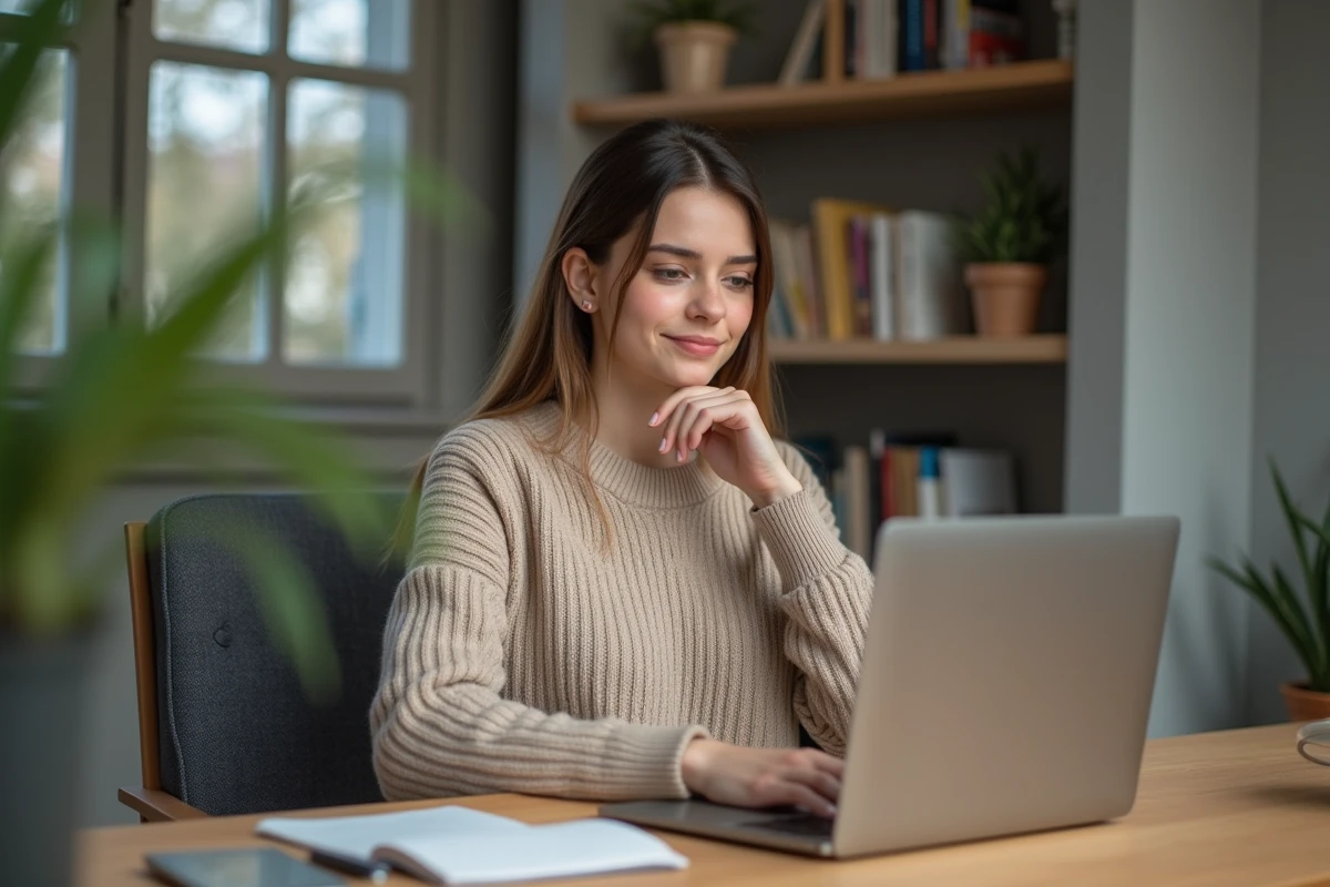 Jeune femme au bureau regardant son ordinateur
