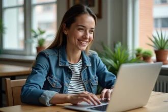 Femme souriante en denim et chemise rayee consulte des offres de voyage
