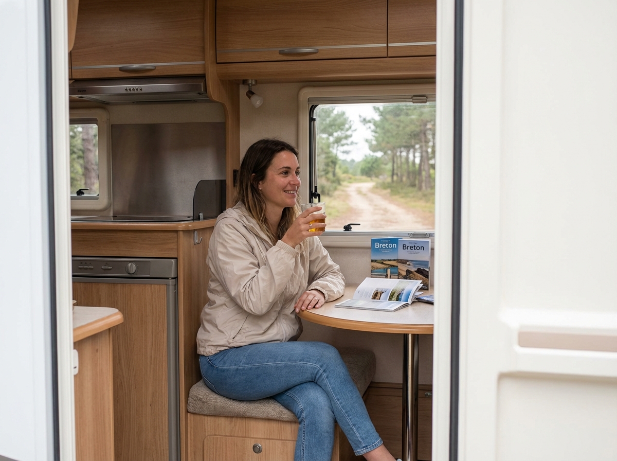 Jeune femme dégustant du cidre dans un mobile home en Bretagne