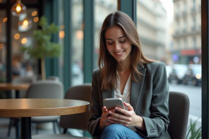Jeune femme souriante utilisant l'application BlaBla sur son smartphone dans un café