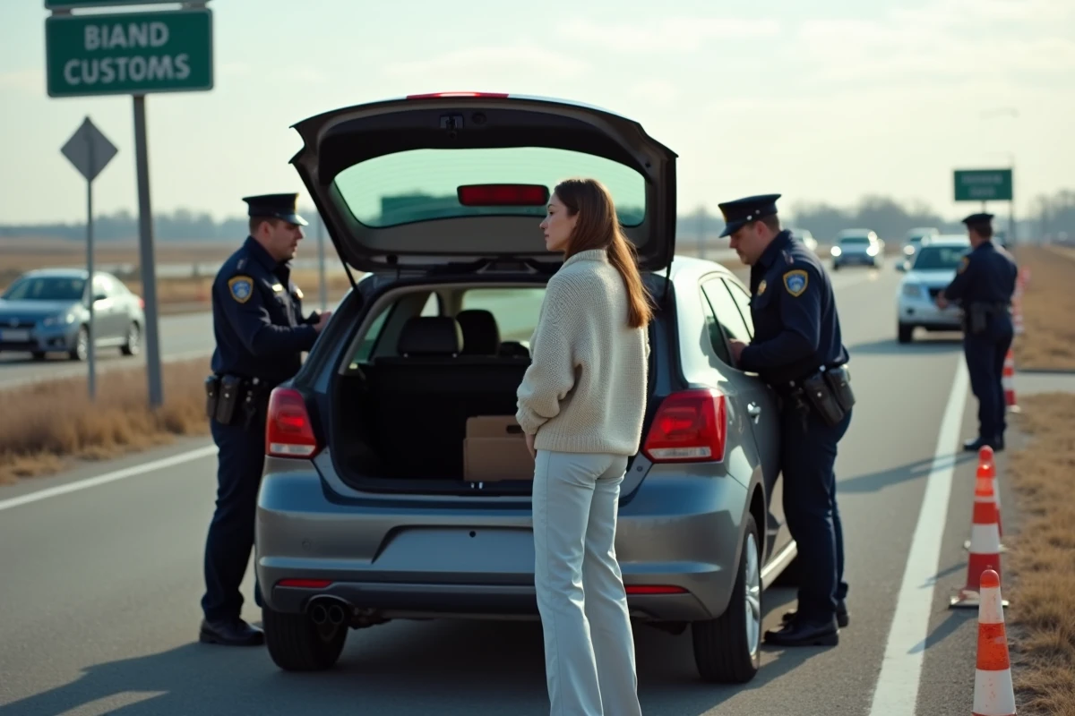 Jeune femme inspectant le coffre de sa voiture au poste de douane