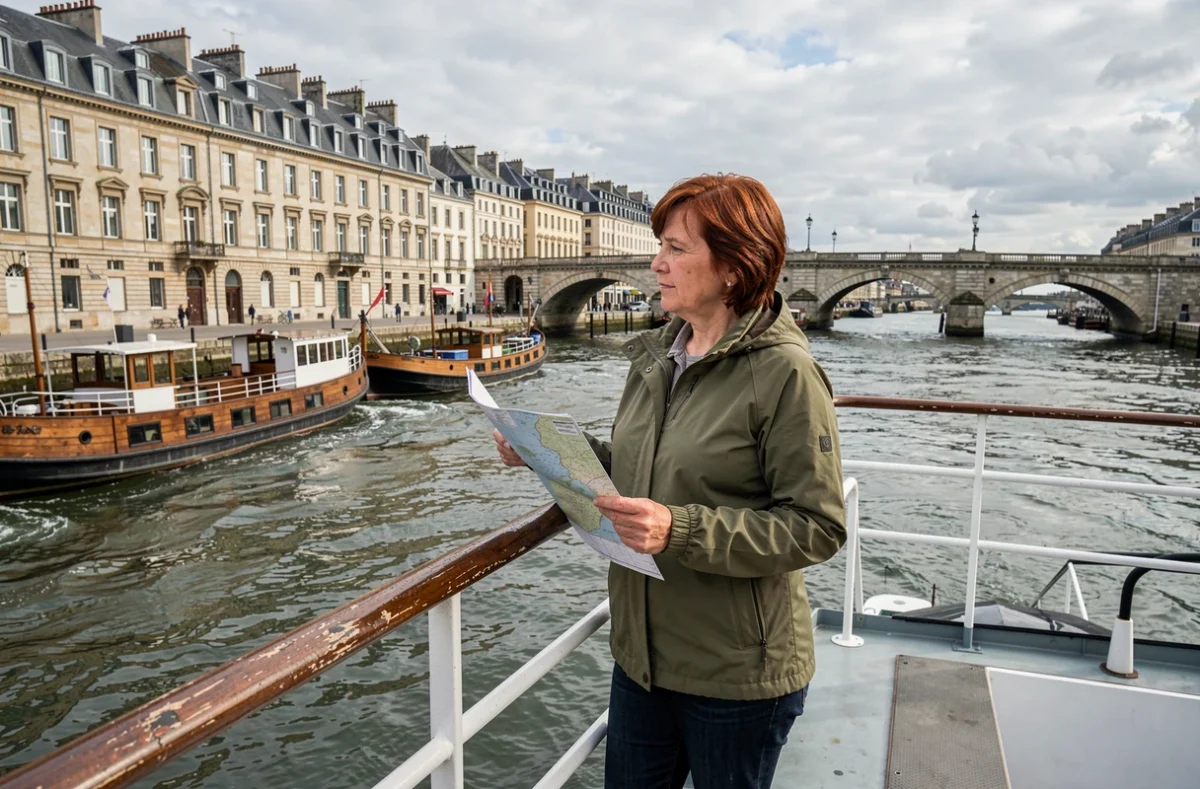Femme en croisière fluviale observant les quais de Bordeaux depuis le pont d'un bateau sur la Garonne