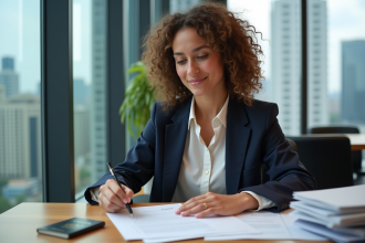 Jeune femme remplissant un formulaire de visa au bureau