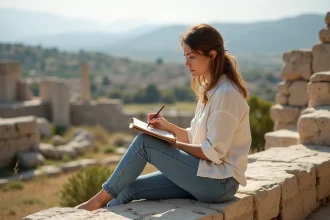 Femme dessinant face aux ruines de Knossos en pleine nature