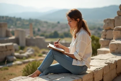 Femme dessinant face aux ruines de Knossos en pleine nature