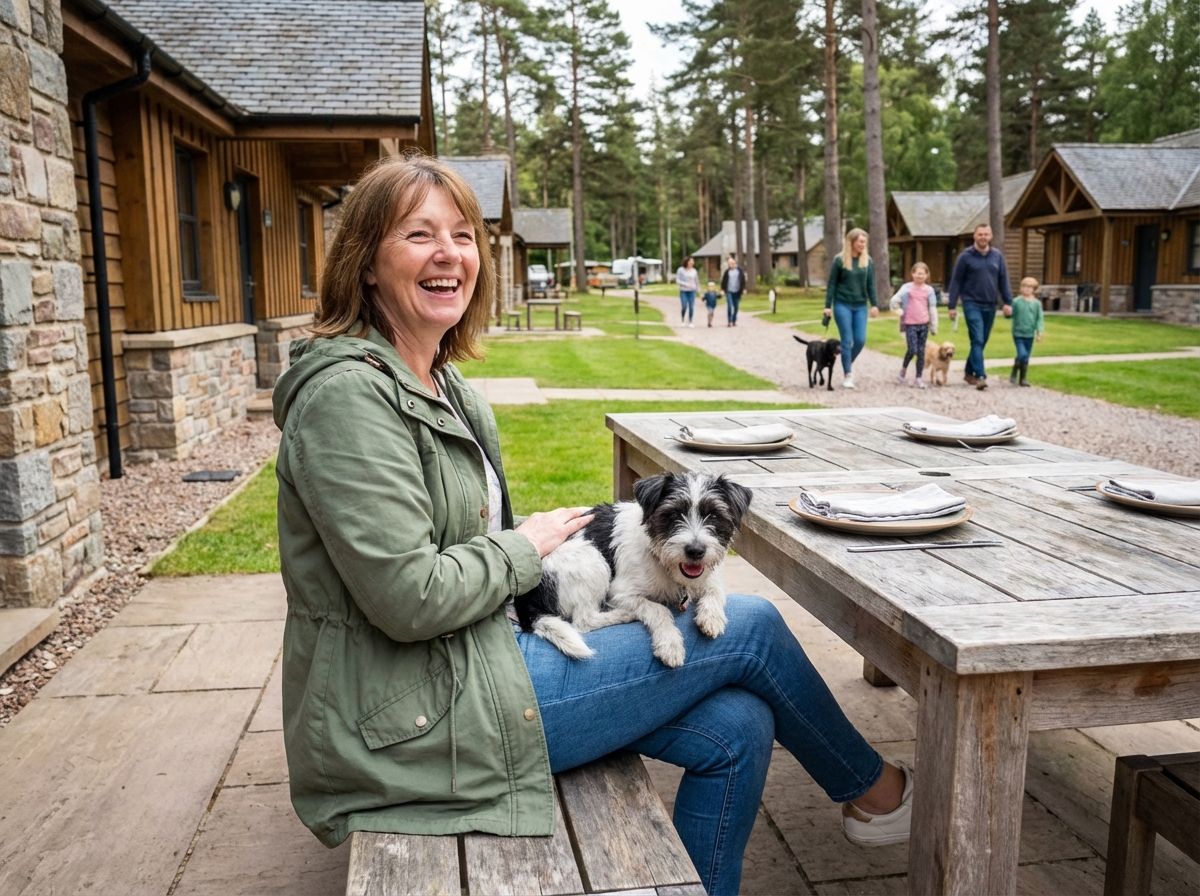 Femme riant avec son terrier noir et blanc au camping