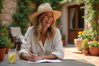 Femme souriante écrivant une carte de vacances humoristique sur une terrasse méditerranéenne ensoleillée