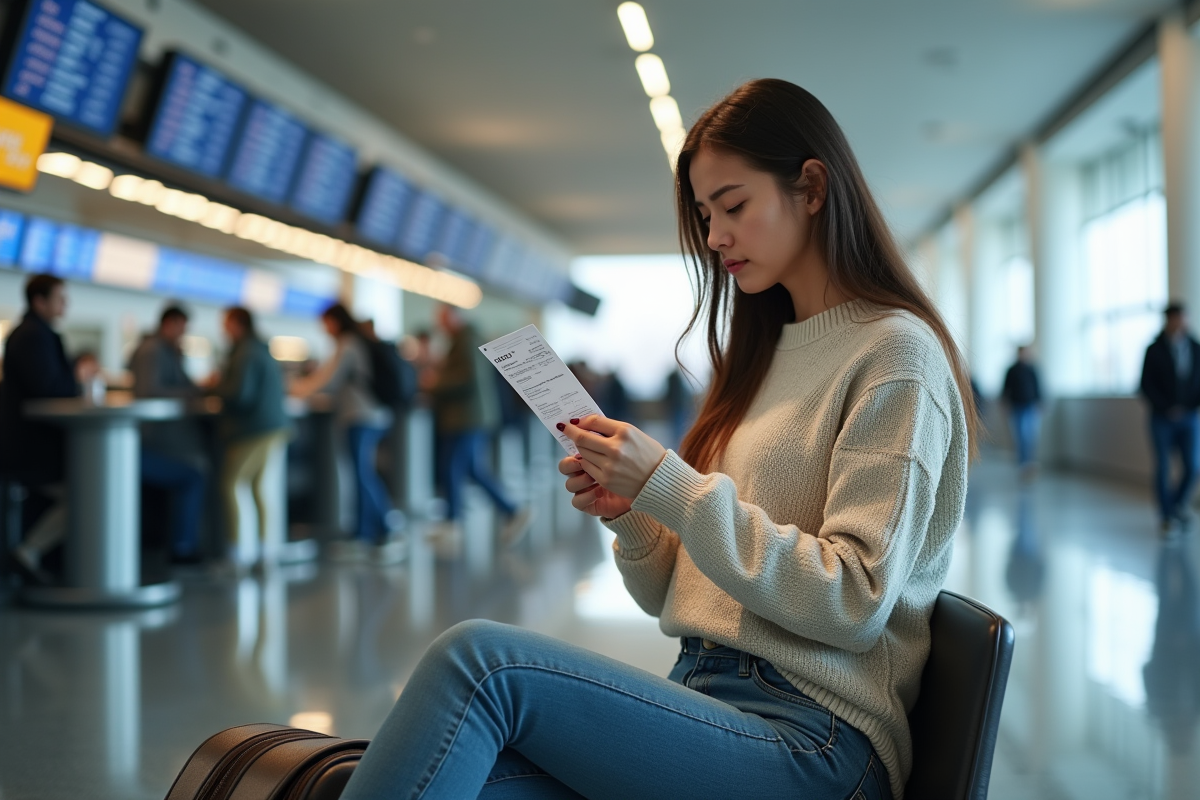 Jeune femme à l'aéroport vérifiant son billet de vol