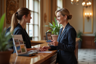 Femme d'affaires française à la réception d'hôtel