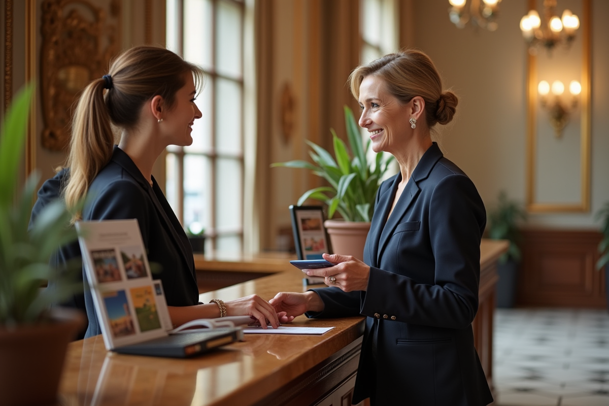 Femme d'affaires française à la réception d'hôtel