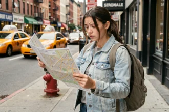 Jeune femme lisant une carte papier de Manhattan dans une rue animée de New York