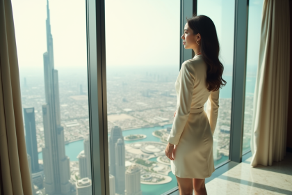 Femme élégante dans un dressing de luxe au Burj Khalifa