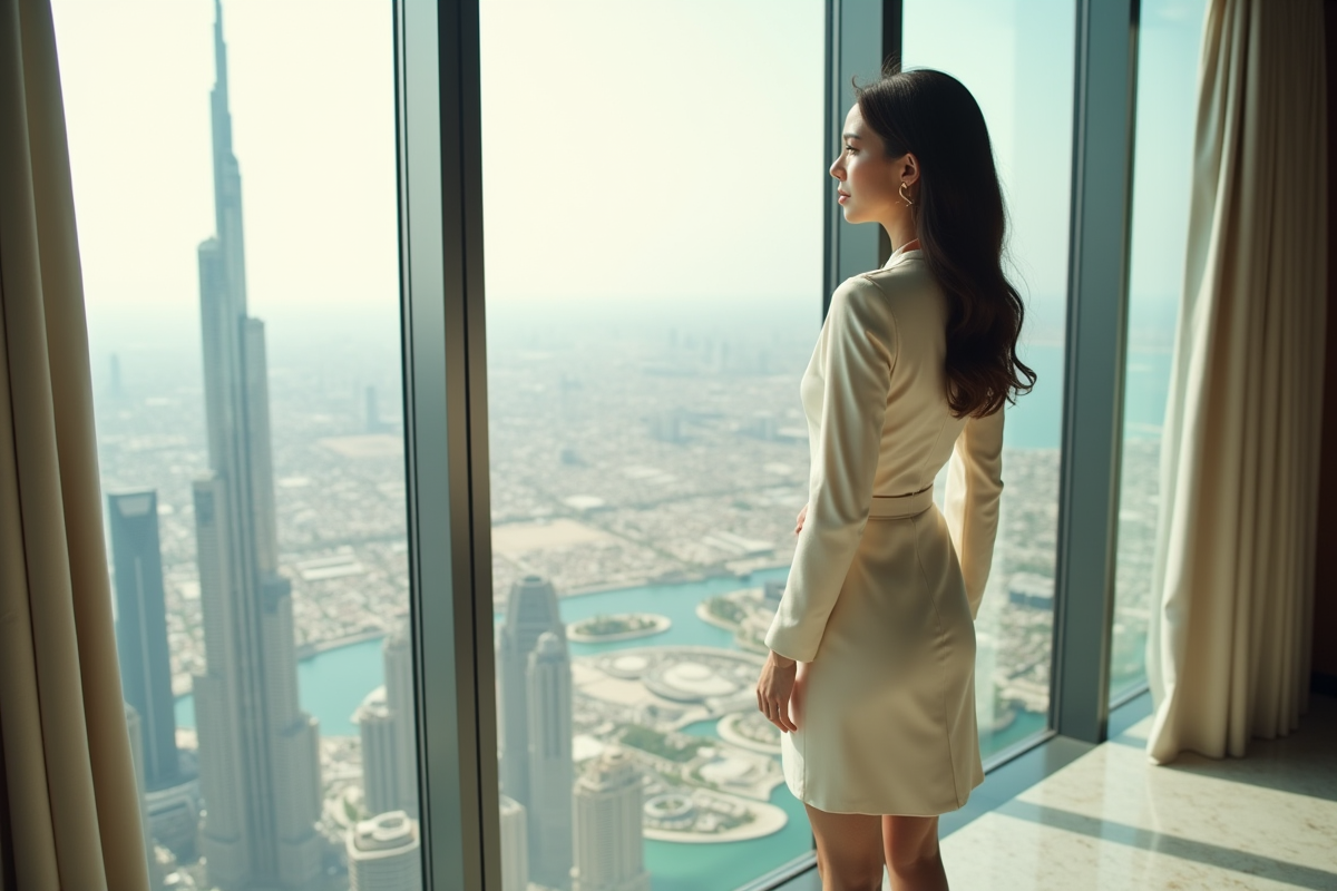 Femme élégante dans un dressing de luxe au Burj Khalifa