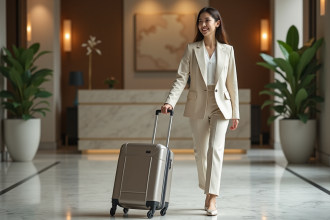 Jeune femme en costume en train de rouler une valise dans un hall élégant