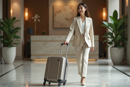 Jeune femme en costume en train de rouler une valise dans un hall élégant