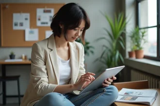Femme lisant un magazine digital sur tablette dans un bureau éditorial moderne aux murs en béton et grandes fenêtres urbaines