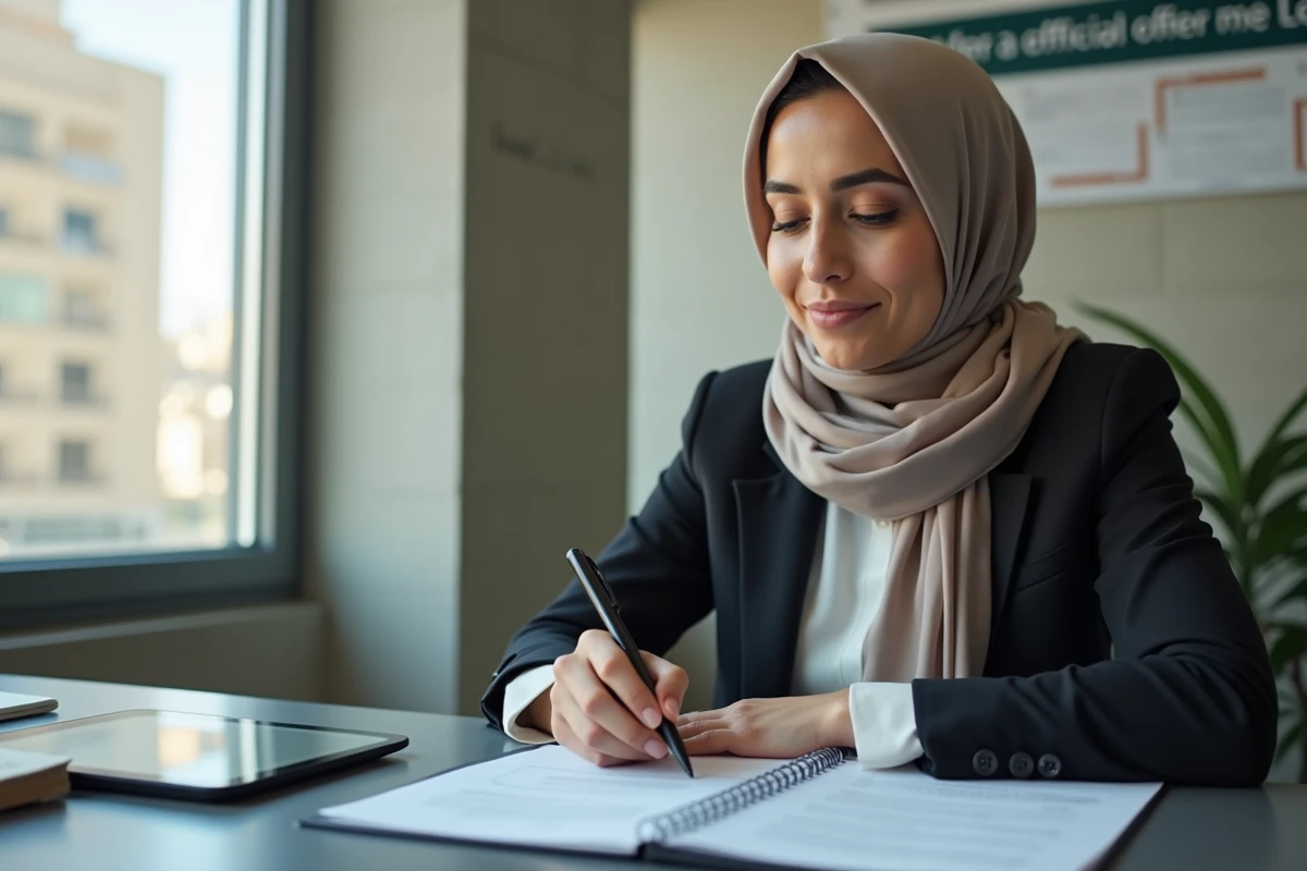 Femme marocaine en hijab remplissant un formulaire dans un bureau