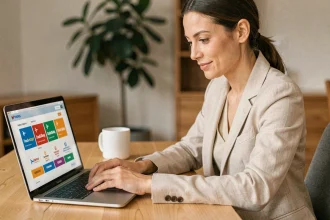 Femme consultant son compte MisterFly Club sur un ordinateur portable pour suivre ses miles et cashback