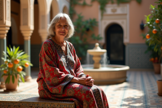 Femme marocaine en caftan coloré dans un riad traditionnel