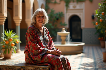 Femme marocaine en caftan coloré dans un riad traditionnel