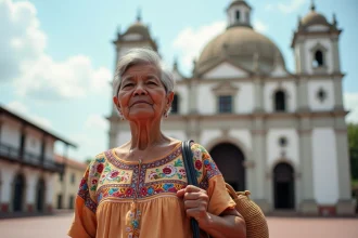 Femme nicaraguayenne en tenue traditionnelle devant la cathédrale de Managua, capitale du Nicaragua