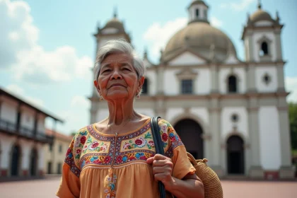 Femme nicaraguayenne en tenue traditionnelle devant la cathédrale de Managua, capitale du Nicaragua