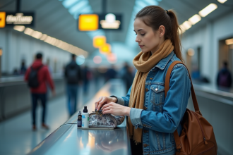 Jeune femme organisant sa trousse de toilette à l'aéroport