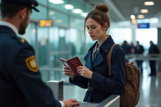 Femme au contrôle passport à l'aéroport moderne