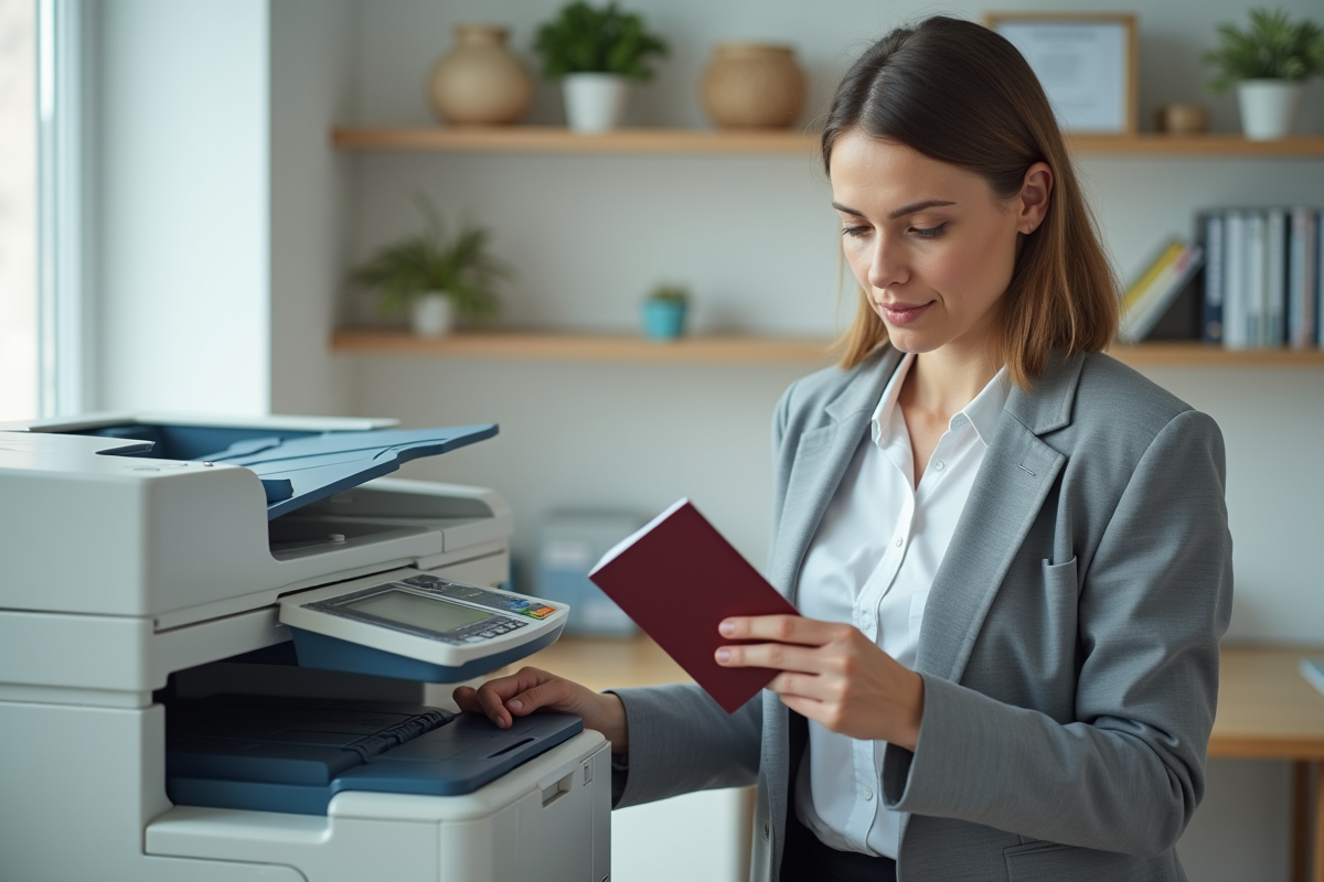 Femme d'affaires vérifiant son passeport au bureau