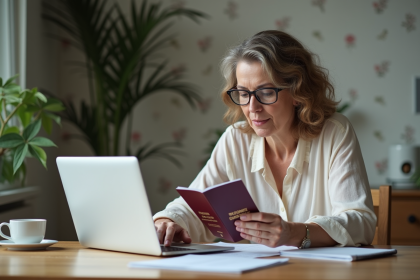 Femme examinant son passeport français avec ordinateur portable