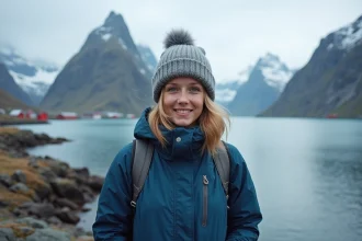 Jeune femme regardant les fjords des Lofoten en Norvege