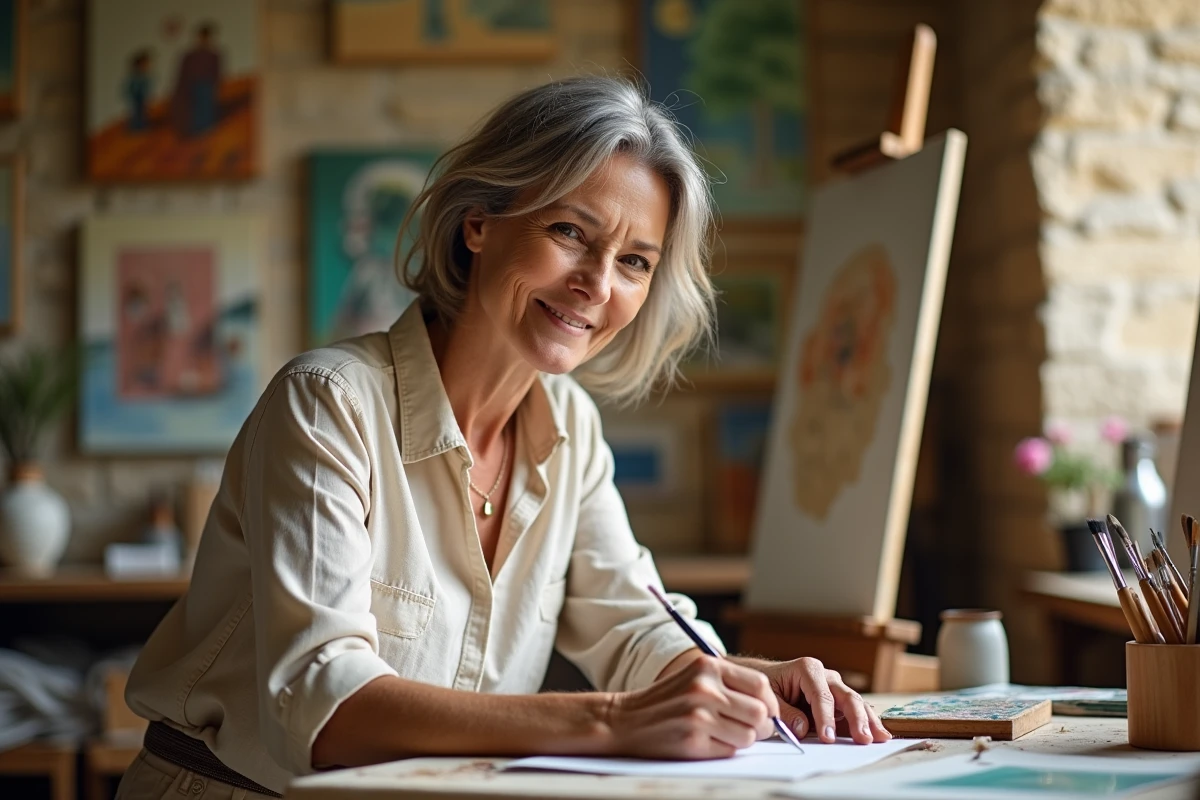 Femme d'âge moyen peignant dans un atelier provençal lumineux