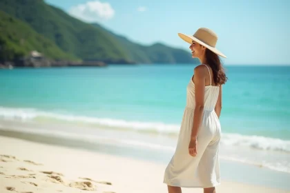 Jeune femme en robe légère sur la plage de Kuta Lombok