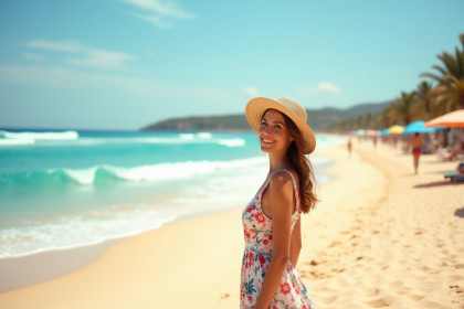 Femme souriante en robe d'été sur plage méditerranéenne